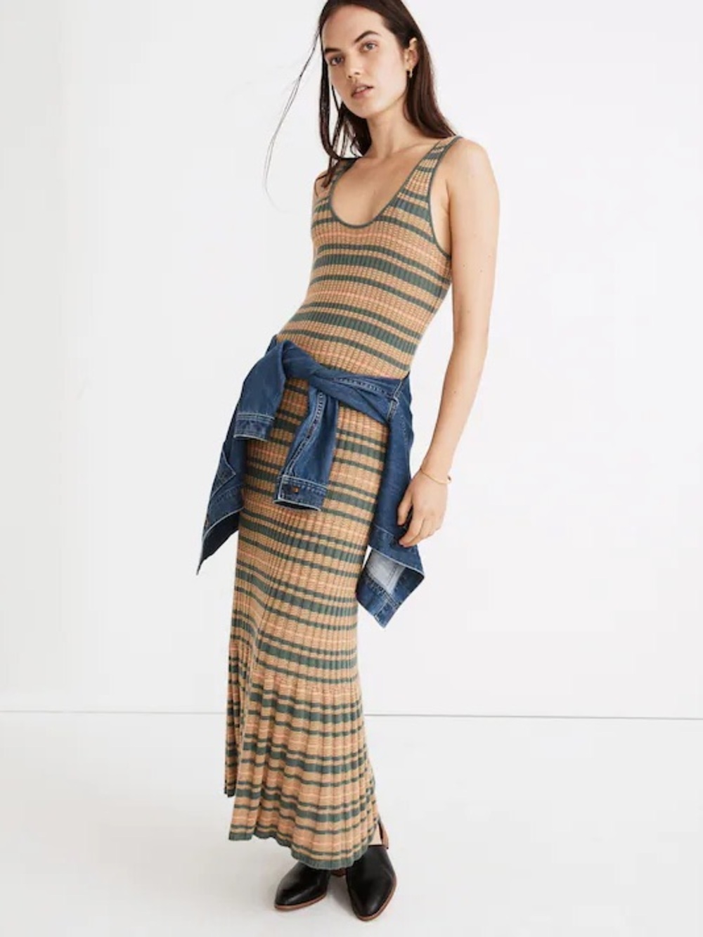 Madewell Striped Knit Tank Midi Dress in Tan and Green Size Medium